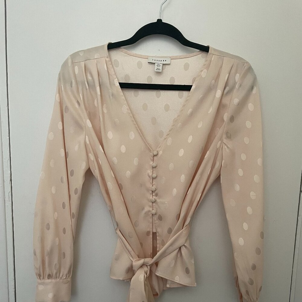 Topshop champagne polka dot silk long-sleeved top